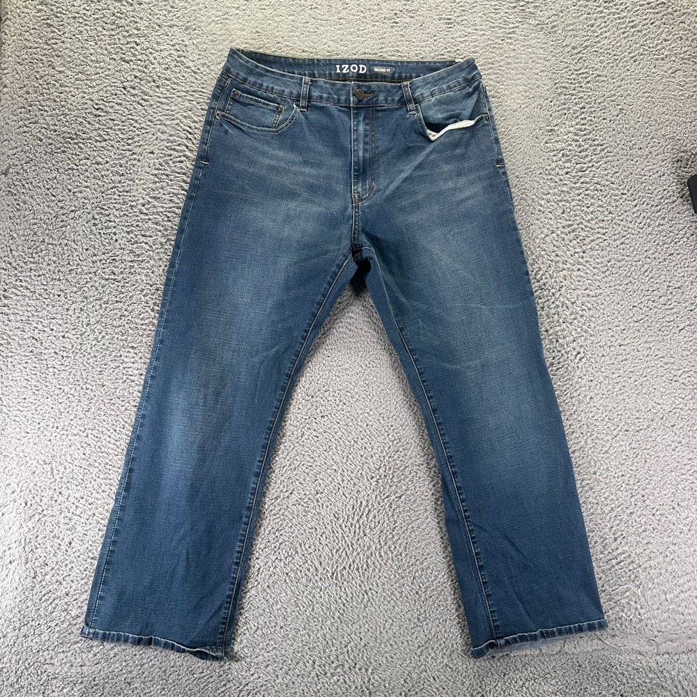 Izod Jeans Men 36x30 Blue Cotton Denim Straight Leg Relaxed Fit Workwear Stretch